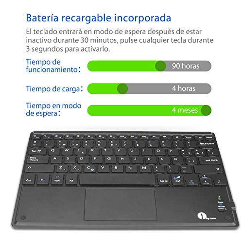 1 BY ONE Ultra-delgado teclado bluetooth con una función de multi-touchpad y batería recargable, QWERTY español,Negro