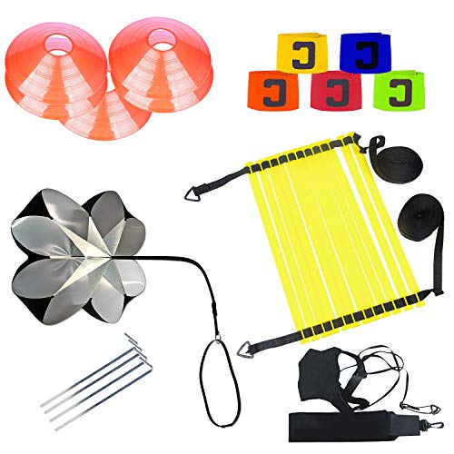 AMIGOB 7PCS Kit Entrenamiento Velocidad y Agilidad de Fútbol, Paracaídas de Resistencia, Escalera de Agilidad, Football Bungee, Conos, Fútbol Capitán Brazalete, Clavos Metálicos y Bolsa
