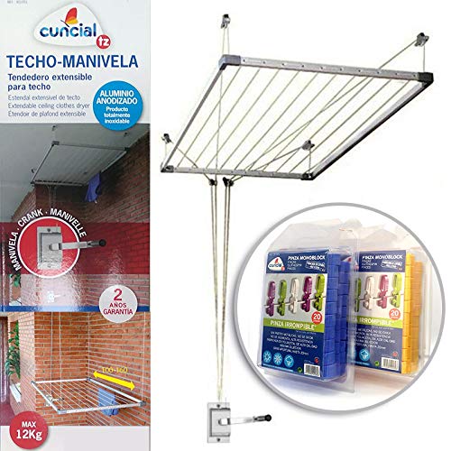Bricolemar Tendedero de Techo Sube y Baja con Manivela Cuncial Tezno-Techo + 40 Pinzas Irrompibles Monoblock Pack
