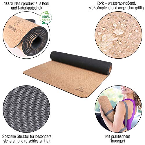 High Pulse® Yoga Mat (185 x 66) Corcho + cinturón de Transporte - Esterilla Antideslizante para Yoga, Pilates y Fitness – 100% sostenible
