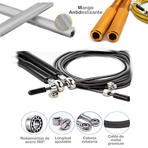 InnoTi Comba de Crossfit para Hombre y Mujer - Cuerda de Saltar de Alta Velocidad para Boxeo y Fitness - Comba de Alumino Ligera Saltos Dobles - Ajustable y con Cable Extra de Repuesto (Amarilla)