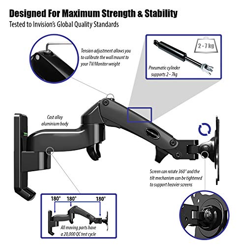 Invision Soporte de Pared para Monitor de PC y TV, Para Pantallas 17-27", Ergonómico Único Soporte y Altura Ajustable con Inclinación Giratoria y Rotativa, VESA 75x75mm y 100x100mm, Peso 2-7kg [MX250]