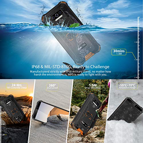 OUKITEL WP5 IP68 Móvil Libre Resistente,Telefonos Robusto Android 9.0 4G Impermeable Smartphone, 8000mAh Batería Rugged Móvil,4+32GB,5.5'' HD+ (Gorilla Glass),Triple Cámara,4 LED Flash (Naranja)