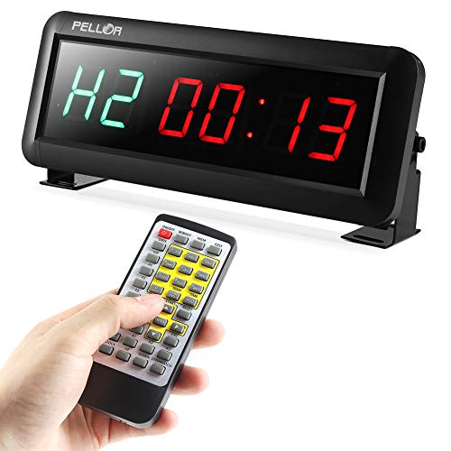 PELLOR Temporizador con Pantalla LED, Reloj de Pared 6Dígitos LED Temporizador de Intervalos, Reloj en Tiempo Real de 12/24 Horas, Gym Temporizador con Mando a Distancia por Infrarrojos