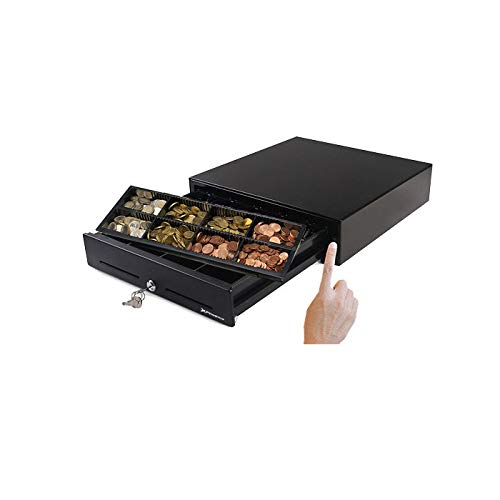 Phoenix Technologies - Cajón portamonedas manual para dinero en efectivo con cerradura y botón de apertura 4 compartimentos de billetes y 8 de monedas 41x42cm (Negro)
