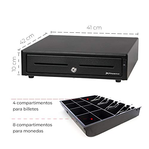 Phoenix Technologies - Cajón portamonedas manual para dinero en efectivo con cerradura y botón de apertura 4 compartimentos de billetes y 8 de monedas 41x42cm (Negro)
