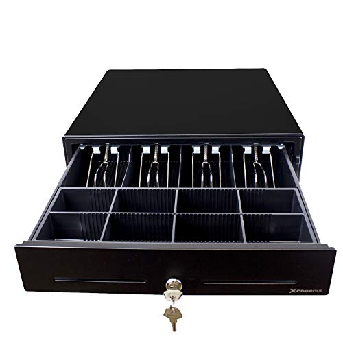Phoenix Technologies - Cajón portamonedas manual para dinero en efectivo con cerradura y botón de apertura 4 compartimentos de billetes y 8 de monedas 41x42cm (Negro)