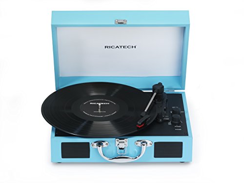 Ricatech RTT21 Tocadiscos, reproductor de discos portátil liviano con altavoces, tres velocidades, soporta salida RCA, Bluetooth, conector para auriculares, MP3, estilo maleta, color Turquesa