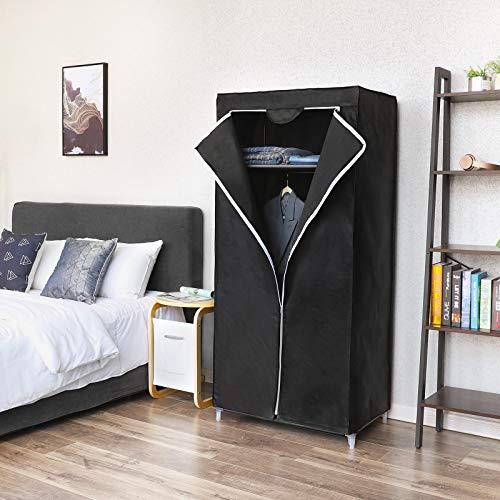 SONGMICS Armario de Tela, Armario Plegable con Barra de Colgar, Perchero Individual, Organizador de Bolsas, Juguetes, Zapatos, Sala, Dormitorio, 75 x 45 x 160 cm, Negro RYG83H