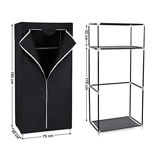SONGMICS Armario de Tela, Armario Plegable con Barra de Colgar, Perchero Individual, Organizador de Bolsas, Juguetes, Zapatos, Sala, Dormitorio, 75 x 45 x 160 cm, Negro RYG83H