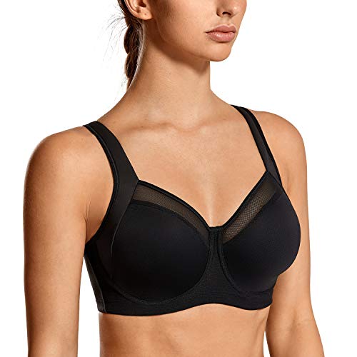 SYROKAN - Sujetador Deportivo con Aros Espalda Deportiva Sin Relleno para Mujer Negro ES:105C (EU 90C)