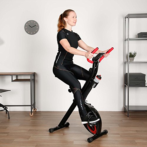 Ultrasport F-Bike Design Bicicleta estática de fitness plegable con sillín de gel, portabidones, pantalla LCD, sensores de pulso, compacta y plegable, carga máxima 110 kg, Negro