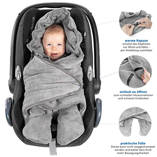 Zamboo Manta envolvente bebé con pies, capucha y bolsa - Primavera - Otoño/Arrullo para sillas Grupo 0+(se adapta a Maxi-Cosi/Cybex/Römer) y cochecitos - Gris