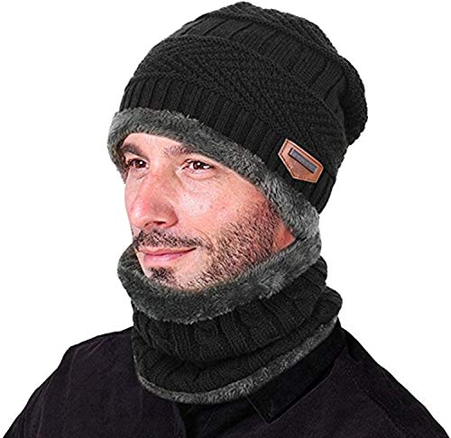 Aisprts Gorro Invierno con Bufanda, Calentar Sombreros Gorras Beanie de Punto Para Hombre Mujer (Negro)