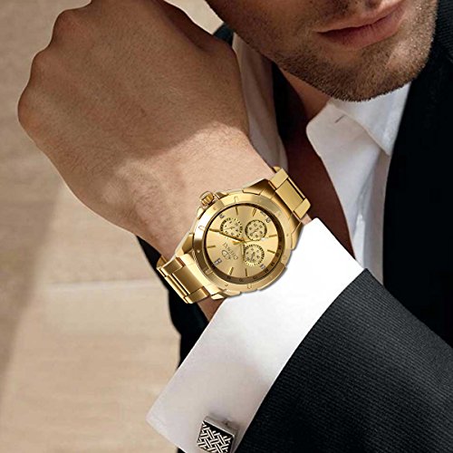 Avaner Reloj Dorado de Esfera Oro de Color, Reloj de Caballero Cuarzo, 3 Subdiales de Decoración, Grande Reloj de Hombre Acero Inoxidable Hip Hop Style, Regalo Navidad (Dorado)
