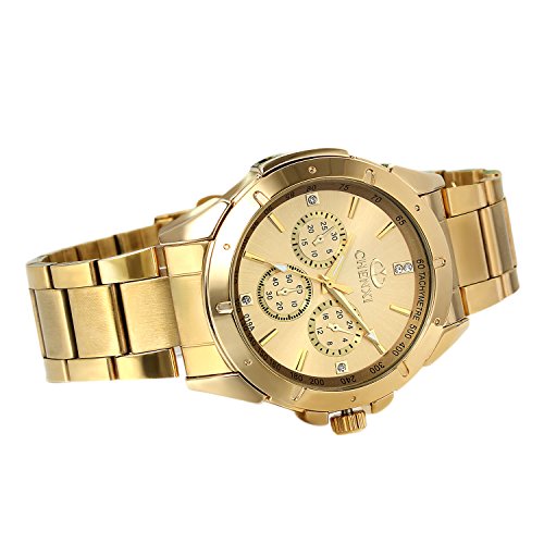 Avaner Reloj Dorado de Esfera Oro de Color, Reloj de Caballero Cuarzo, 3 Subdiales de Decoración, Grande Reloj de Hombre Acero Inoxidable Hip Hop Style, Regalo Navidad (Dorado)