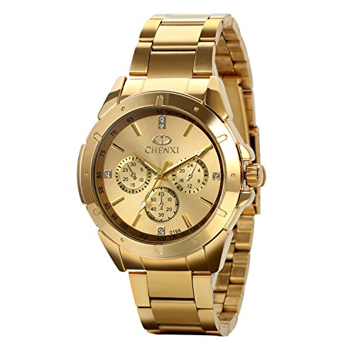 Avaner Reloj Dorado de Esfera Oro de Color, Reloj de Caballero Cuarzo, 3 Subdiales de Decoración, Grande Reloj de Hombre Acero Inoxidable Hip Hop Style, Regalo Navidad (Dorado)