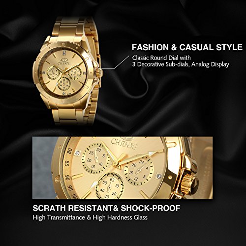 Avaner Reloj Dorado de Esfera Oro de Color, Reloj de Caballero Cuarzo, 3 Subdiales de Decoración, Grande Reloj de Hombre Acero Inoxidable Hip Hop Style, Regalo Navidad (Dorado)