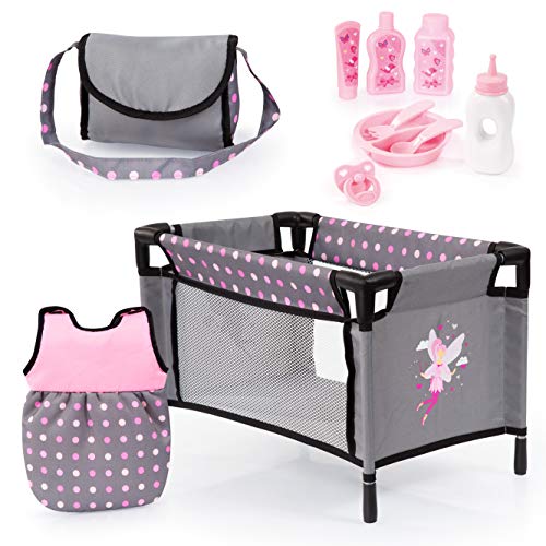 Bayer Design- Accesorios para muñecos bebé, 11 en 1, Kit Cuna de viaj, Saco de Dormir, Bolsa Bandolera y Productos de Cuidado, Color gris, rosa con hada (61766AB) , color/modelo surtido