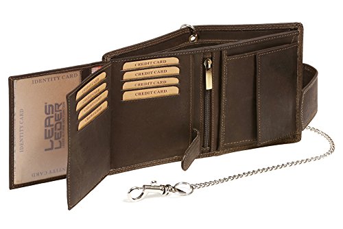 Biker Cartera con Cadena Cromo y Cierre Externo para señores Motociclista Monedero para señoras Trucker Vintage-Style LEAS MCL, Piel auténtica, marrón - ''LEAS Chain-Series''