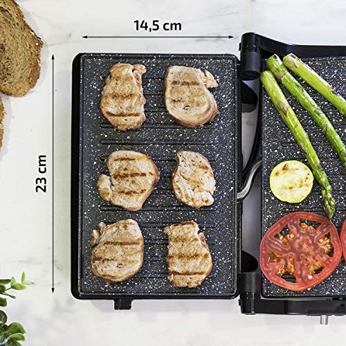 Cecotec Panini Grill, Parrilla eléctrica, Plancha Sandwichera con Revestimiento de Piedra RockStone. Apertura de 180º,750 W y superficie 23x14,5. Pinza de cierre y Hueco recogecables. Rock´nGrill 750