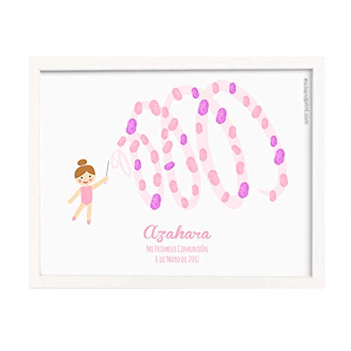 Cuadro huellas Comunión Gimnasta. Personaliza equipo, pelo y ojos. Incluye marco y tintas a elegir. Original árbol de huellas. Recuerdo de invitados. Niña gimnasia rítmica
