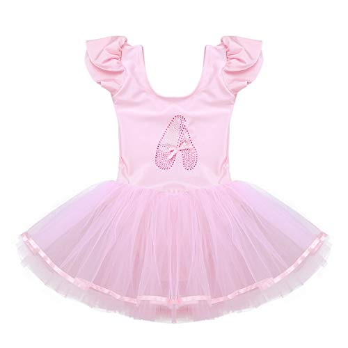 dPois Vestido de Danza Lentejuelas Niña Ropa de Ballet Maillot Leotardo con Falda Gimnasia Tutu de Fiesta Maillot Manga Corta para Niña Ballet Baile Disfraz Ballerina Bailarina Rosa A 5-6 años