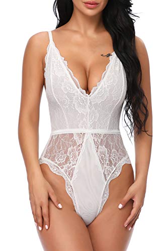 Evelife Body Encaje Mujer Sexy Teddy Bodysuit Ropa Interior V Profundo Snap Crotch Ropa de Dormir Lencería Transparente(Blanco S)