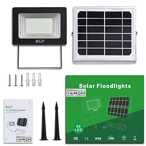 Foco Solar CLY 60 LED Luz Solar Lámpara Solar Exterior 60 LED con Batería 4000mAh Panel Solar ENCENDIDO/APAGADO Automáticamente IP66 Impermeable, Lámpara Solar para Jardín, Calle y Garaje