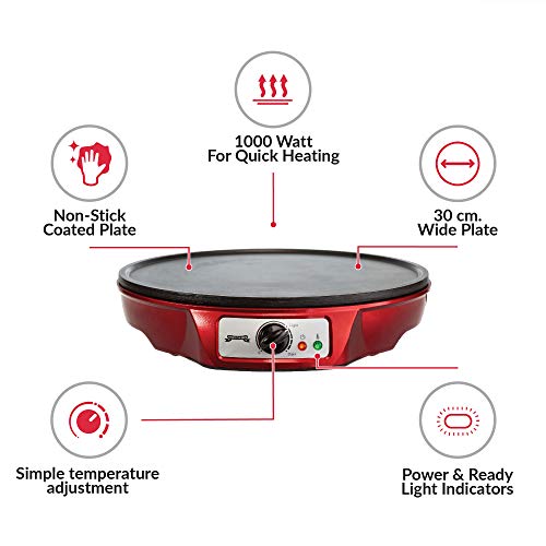 Gadgy ® Crepera Crêpes Maker | Diametro 30 cm 1000 W | | Plancha Anti Adherente | Temperatura Ajustable | Esparcidor y Espátula Incluido | Panqueques Tortitas Tortillas Wraps Bacón