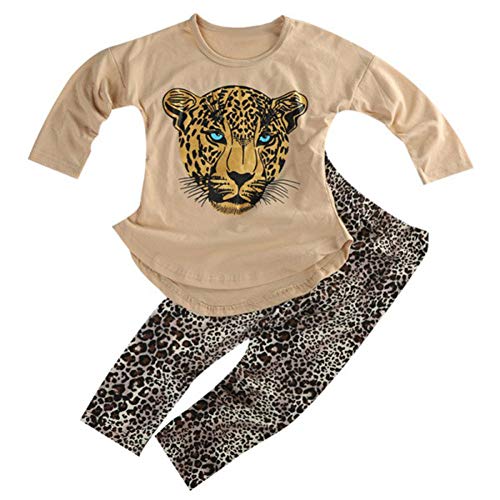 ggudd Niña Leopardo Impreso Manga Larga Tops y Polainas Pantalones Conjuntos de Trajes(Caqui,6-7 años)