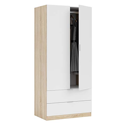 Habitdesign Armario de 2 Puertas y 2 cajones, Acabado en Color Roble Canadian y Blanco Artik, Medidas: 81 cm (Ancho) x 180 cm (Alto) x 52 cm (Fondo)