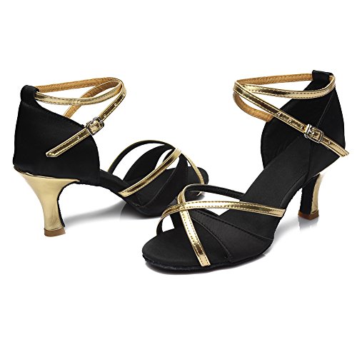 HIPPOSEUS Mujer Zapatillas Latin Dance, Punta Abierta, Estrecha,ES805-7,Negro Color,EU 39