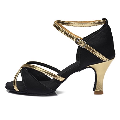 HIPPOSEUS Mujer Zapatillas Latin Dance, Punta Abierta, Estrecha,ES805-7,Negro Color,EU 39