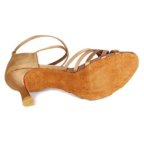 HIPPOSEUS Zapatillas de Baile Latino para Mujer/Satén/Altura del tacón 7CM,ES213-7,Beige Color,EU 37