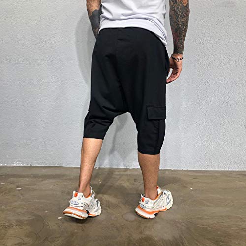 Hombre Pantalones Harem - Pantalones Cortos 3/4 Cómoda Cintura Elástica Pantalones con Cintura Moda Color Sólido Sueltas Casuales Yoga Hippies Pantalon Bombachos Yvelands(Negro,L)