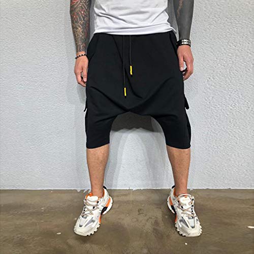Hombre Pantalones Harem - Pantalones Cortos 3/4 Cómoda Cintura Elástica Pantalones con Cintura Moda Color Sólido Sueltas Casuales Yoga Hippies Pantalon Bombachos Yvelands(Negro,L)
