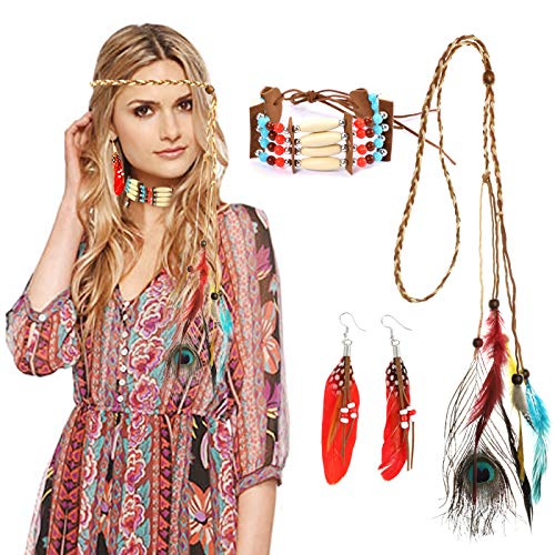 HOWAF Diadema India Plumas, Indios Cinta de Cabeza Mujeres Hippie Boho Tocado y Collar Indio Pendientes para Mujer Niñas Carnaval Indios Accesorios de Disfraz