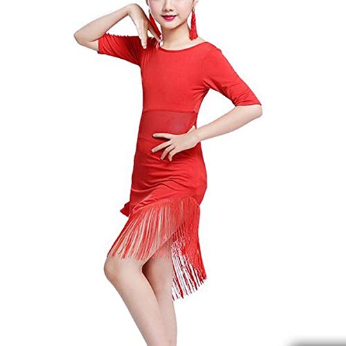 IEFIEL Vestido de Baile Latino para Niñas Traje de Latin Sevillana Tango Rumba Profesional Dsifraz Bailarina Fiesta Actuacion Empalme Vestido Flecos Borlas Flor Flanmenca Rojo 8-10 Años