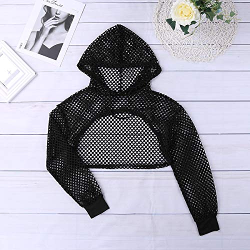 iiniim Crop Top con Capucha Mujer Manga Larga de Malla Transparente Pecho Abierto Blusa Chaleco Sexy Tops Camiseta Corta Traje Club Danza Fiesta Mesh Fishnet Hooded Shirts Negro S