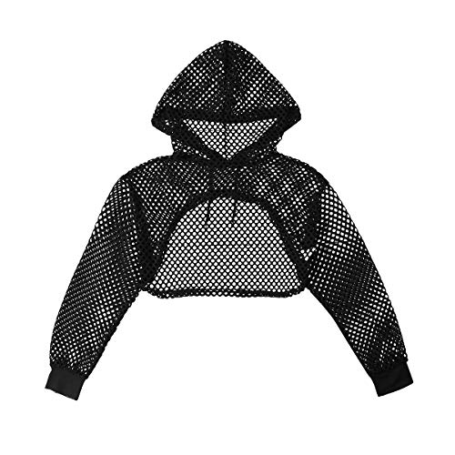 iiniim Crop Top con Capucha Mujer Manga Larga de Malla Transparente Pecho Abierto Blusa Chaleco Sexy Tops Camiseta Corta Traje Club Danza Fiesta Mesh Fishnet Hooded Shirts Negro S