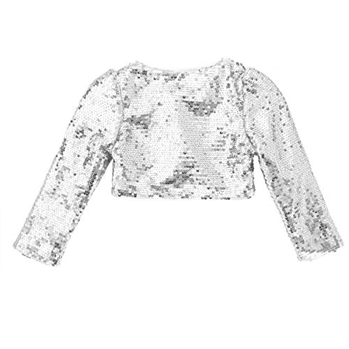inhzoy Crop Top de Danza Lentejuelas Niñas Chaqueta Bolero de Fiesta Ceremonia Cárdigan Manga Larga Ropa de Baile Moderno Traje de Actuación Plateado 8-9 Años