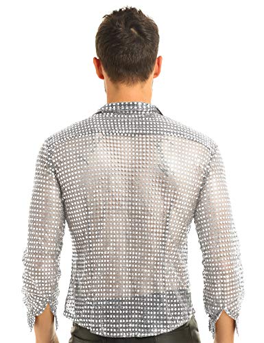 inlzdz Camisa Brillante de Baile Latín para Hombres Blusa Casual de Malla Tranparente Traje de los Años 70 Top Camisa Slim Fit Atractivo Ropa Retro de Disco Actuación Clubwear Plateado Large