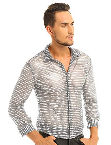 inlzdz Camisa Brillante de Baile Latín para Hombres Blusa Casual de Malla Tranparente Traje de los Años 70 Top Camisa Slim Fit Atractivo Ropa Retro de Disco Actuación Clubwear Plateado Large