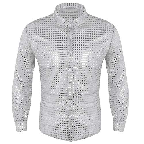 inlzdz Camisa Brillante de Baile Latín para Hombres Blusa Casual de Malla Tranparente Traje de los Años 70 Top Camisa Slim Fit Atractivo Ropa Retro de Disco Actuación Clubwear Plateado Large