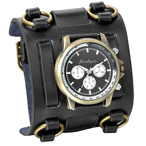 JewelryWe Reloj de Pulsera Grande Negro de Estilo Gótico Punky Hip-Hop para Hombres Chicos, Correa de Cuero Ancha de Moda Retro Punk Rock, Regalos Dia del Padre Originales