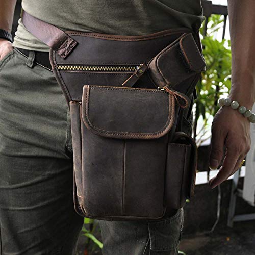 Le'aokuu Hombres Cuero Genuino Bolso Cintura Bolsa de Pierna Bolsa para Hombres Bolso Multifuncional Militar Táctico Moto Bicicleta Senderismo Deportes Camping Montar 3106 (0 3106 Negro marrón)
