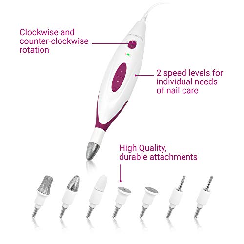 Medisana MP 815 - Aparato eléctrico de manicura y pedicura con 7 accesorios para el cuidado de las uñas, cutículas y callo, 2 niveles de velocidad