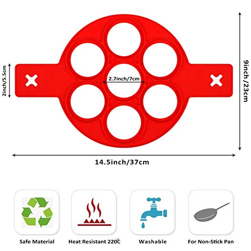 Molde de silicona antiadherente para tortitas, con 7 agujeros, para huevos redondos, magdalenas, tortitas, color rojo, 2 unidades