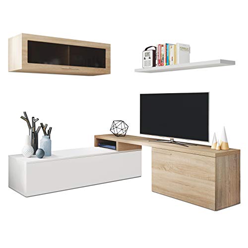 Mueble de Salon, Comedor, Mueble Moderno, Acabado en Color Blanco Brillo y Roble Canadian, Medidas: 200 cm (Ancho) x 43 cm (Alto) x 34 cm (Fondo)